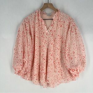 FATE Pink Speckled Print Chiffon Ruffled Tie‎ Neck 3/4 Balloon Sleeves Size S